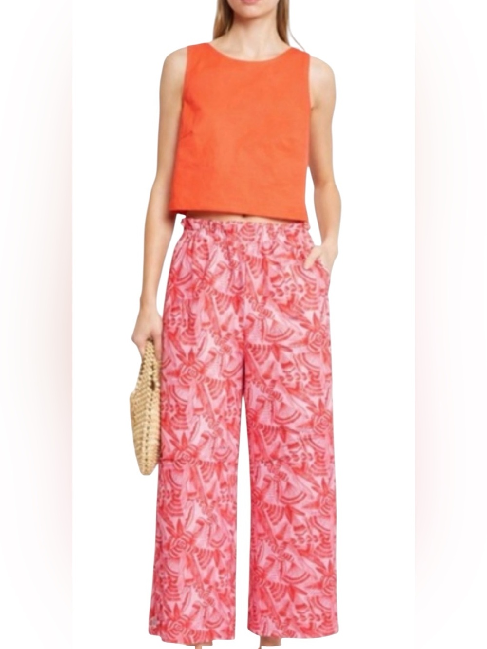 Kourt Few Moda Pink Floral wide-leg cropped pants Pull On Pockets NWOT
